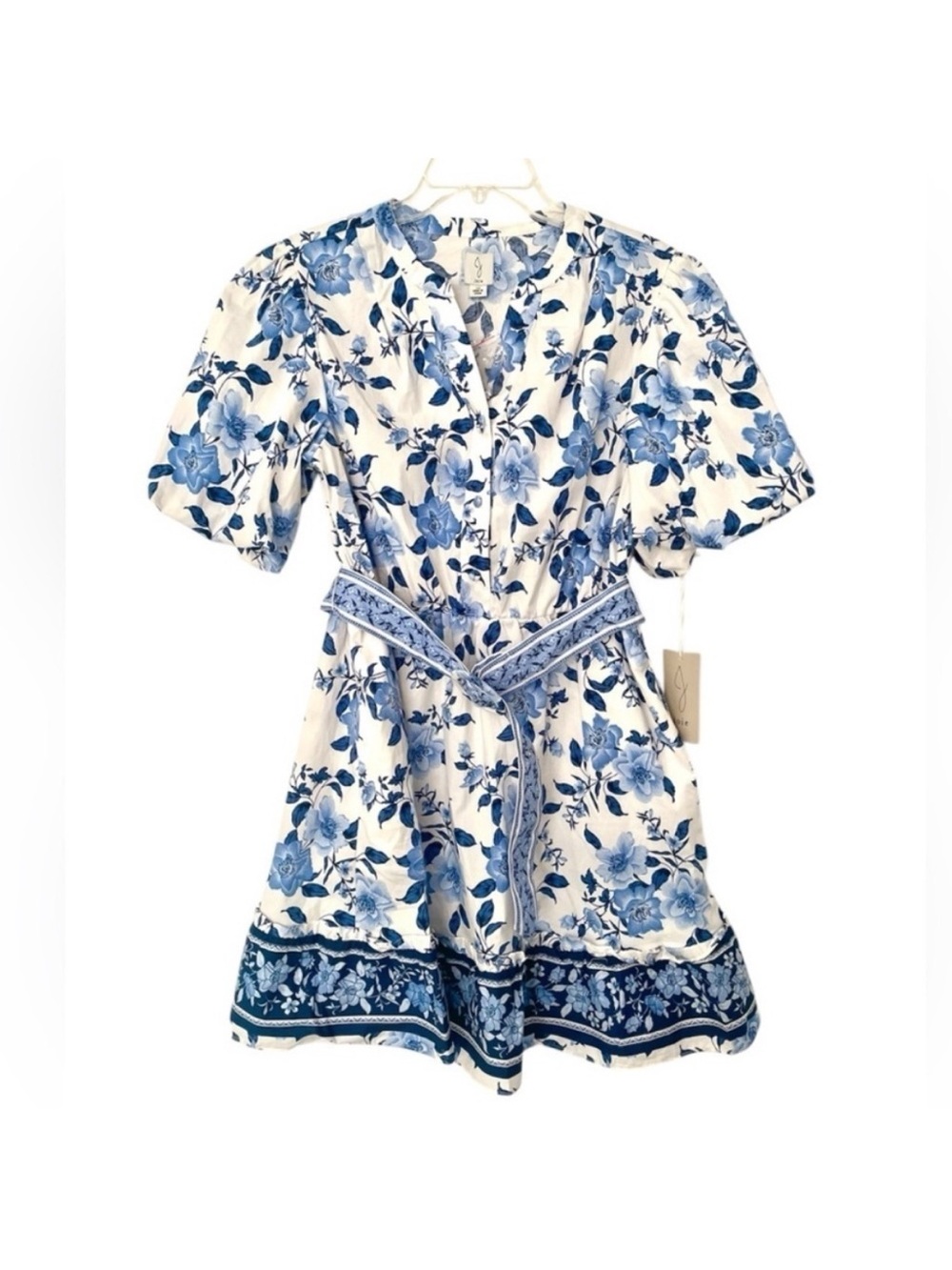 New JOIE Floral V-Neck Puff Sleeve Belted Cotton Dress